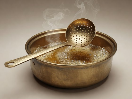 Soft-lit 3D illustration of a hand-hammered brass skimmer ladle resting across a deep frying vessel