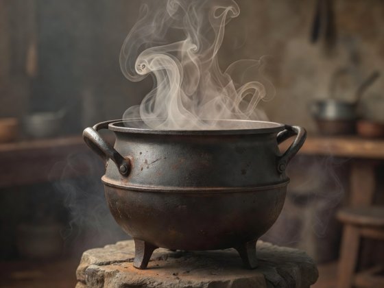 Soft-lit 3D illustration of an artisan iron vessel celebrating unhurried slow cooking