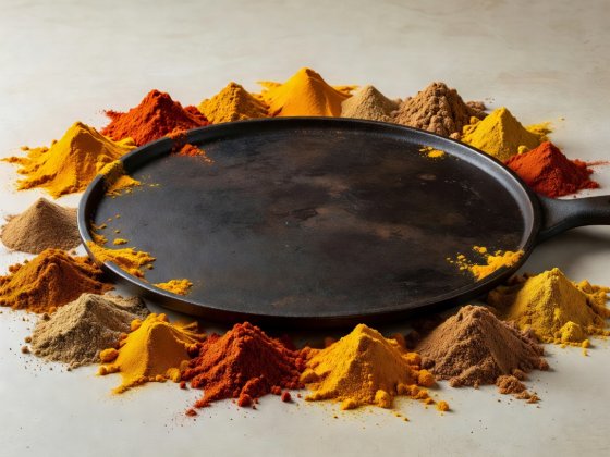 Soft-lit 3D illustration of a broad cast-iron flat tawa griddle surrounded by vibrant ground spices