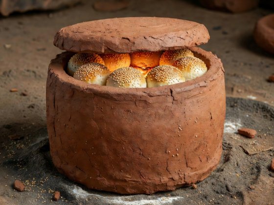 Soft-lit 3D illustration of an artisan clay cylindrical oven with golden sesame buns baking along the interior