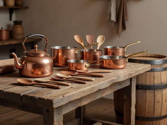 Soft-lit 3D illustration of an artisan clean prep station with copper cookware and wood tools