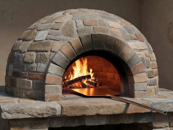 Soft-lit 3D illustration of an authentic domed stone pizza oven with a glowing wood hearth and stainless peel