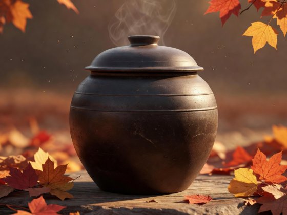 Soft-lit 3D illustration of a dark breathing earthenware onggi fermentation jar resting in autumn sunlight