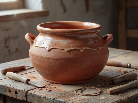 Soft-lit 3D illustration of an artisan glazed conical terracotta cassole baking bowl