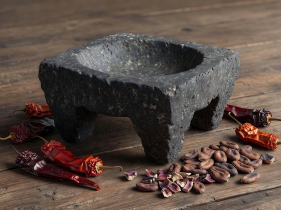 Soft-lit 3D illustration of a volcanic stone grinding metate alongside sun-dried chilies and Mexican cacao