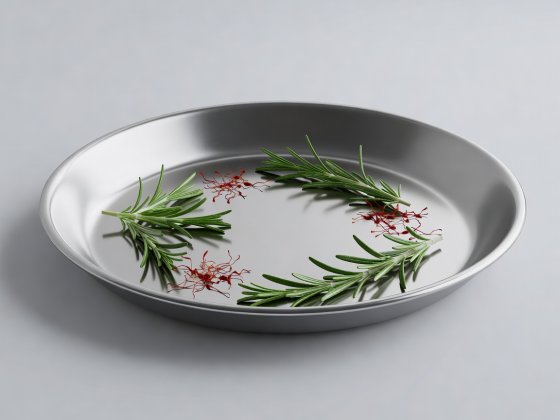 Soft-lit 3D illustration of a wide polished steel paellera pan with fresh rosemary and dry saffron threads