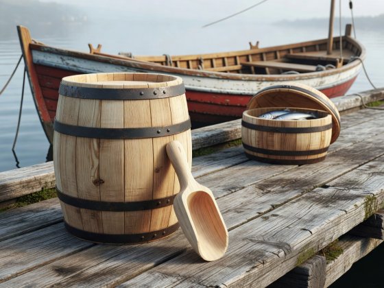 Soft-lit 3D illustration of an artisan pine wooden barrel and salt scoop on a Nordic harbor dock